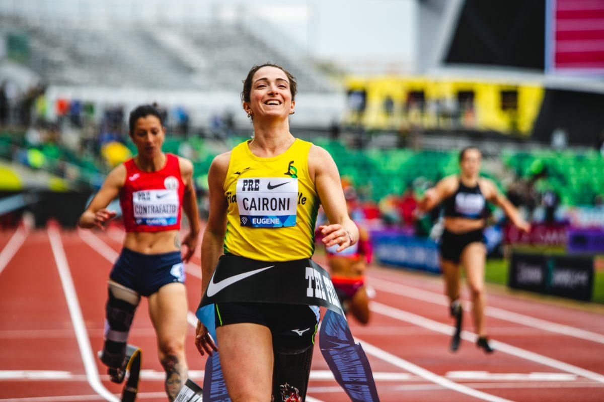 Martina Caironi smiles after winning the women's para 100m. The Prefontaine Classic was held at Hayward Field on Friday, May 27 and Saturday, May 28. (Will Geschke/Emerald)