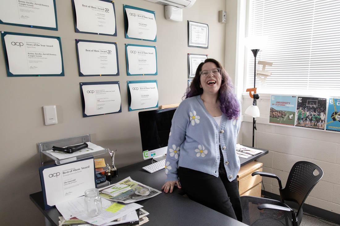 Hannarose McGuinness stands in the Daily Emerald's Editor in Chief's office, the room she'll soon be occupying in the next academic school year. Hannarose McGuinness is named the 2022-2023 Editor in Chief at the Daily Emerald (Maddie Stellingwerf/Emerald)