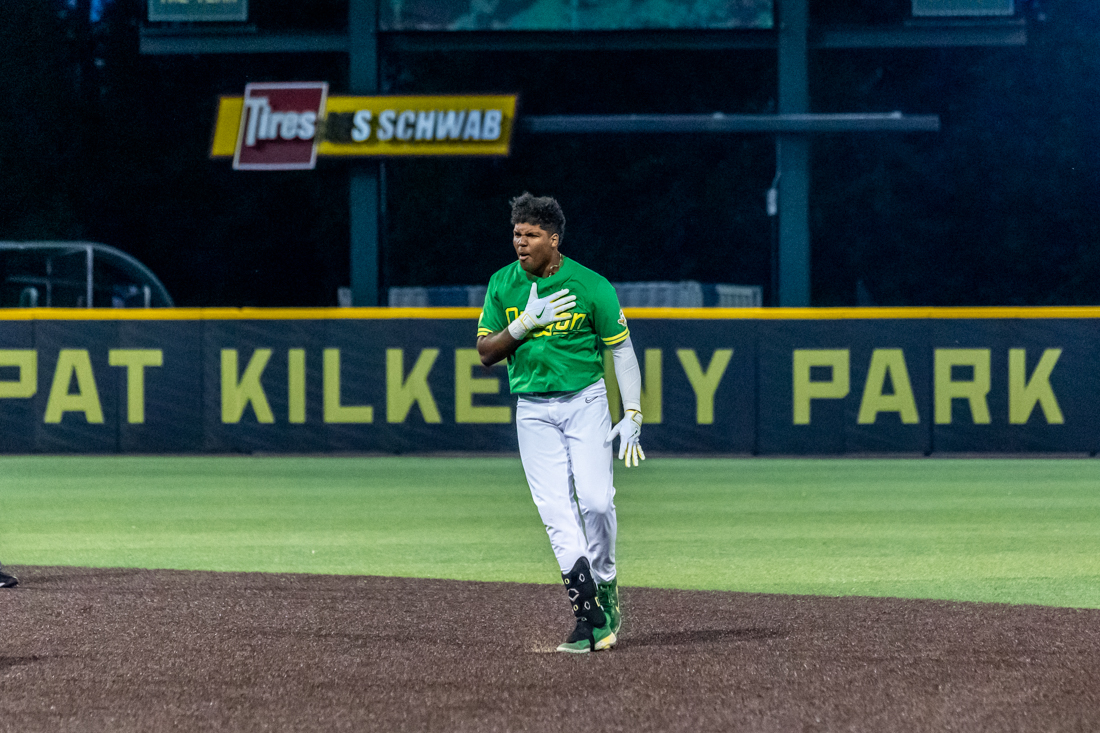 Designated hitter Jacob Walsh celebrates after hitting a walk-off double. The Oregon Baseball team takes on 11th ranked Gonzaga on May 17th, 2022, at PK Park. (Molly McPherson/Emerald)