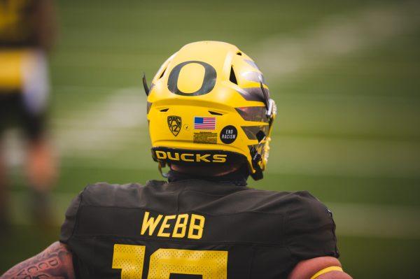 Ducks tight end Spencer Webb (18) warms up during the pregame. Oregon Ducks Football takes on Stanford University at Autzen Stadium in Eugene, Ore. on Nov. 7, 2020. (DL Young/Emerald)