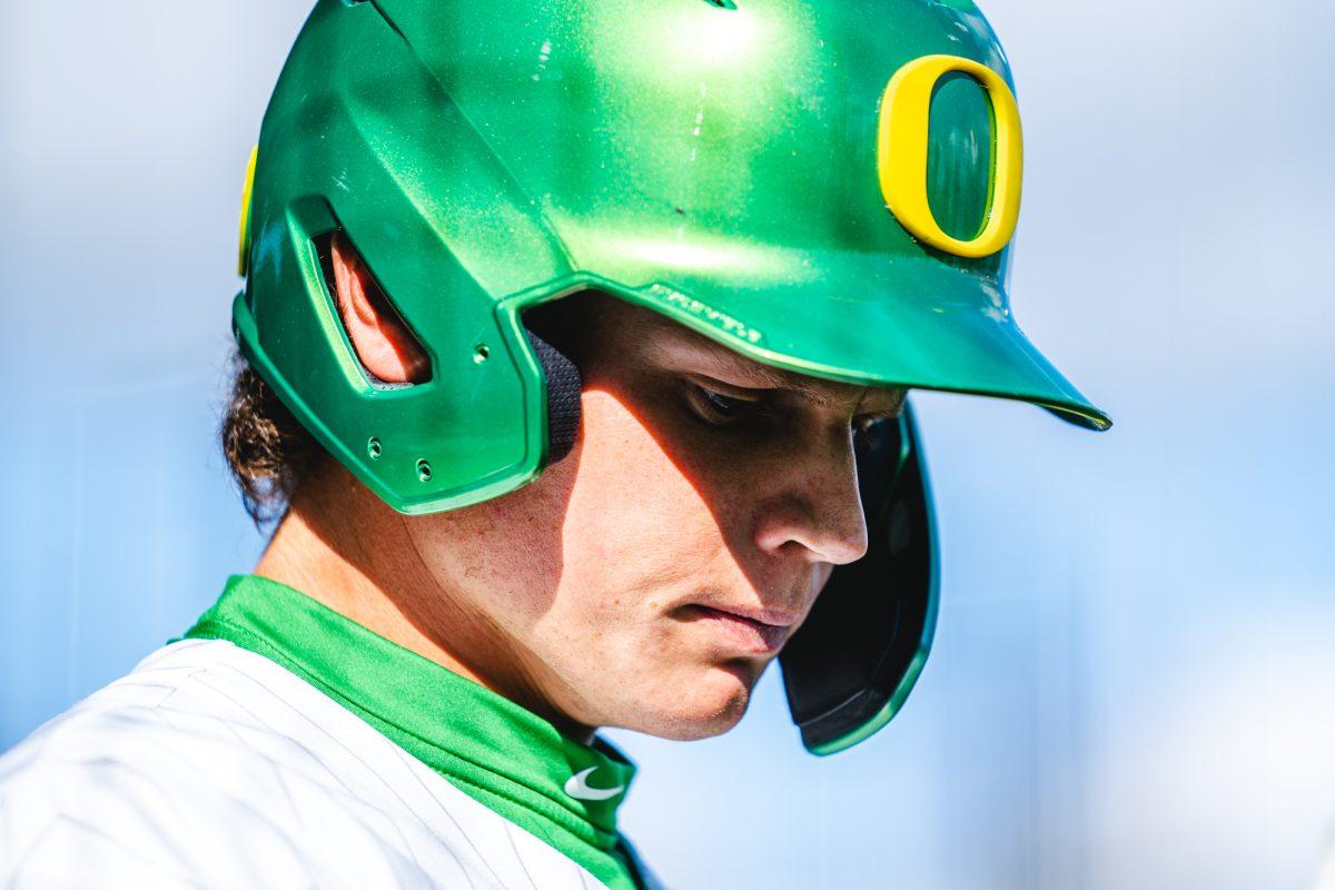 <p>Josh Kasevich (4) warms up before his next at bat. The University of Oregon Ducks staged a late-game comeback to win 8-6 against the Utah Utes on March 19, 2022 at PK Park. (Will Geschke/Emerald)</p>