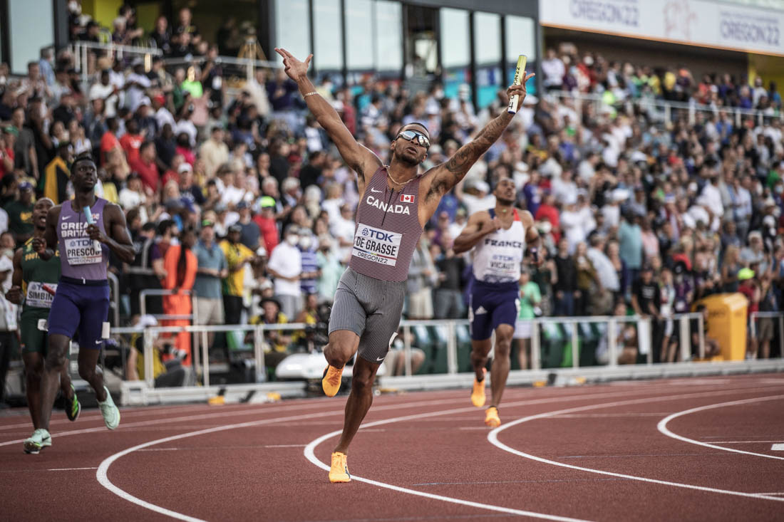 Andre De Grasse of Canada finishes the Mens 4x100m final first, bringing home a gold medal for Canada. The second to last day of the World Athletics Championships is hosted at Hayward Field on July 23, 2022 in Eugene, Ore. (Maddie Stellingwerf/Emerald)