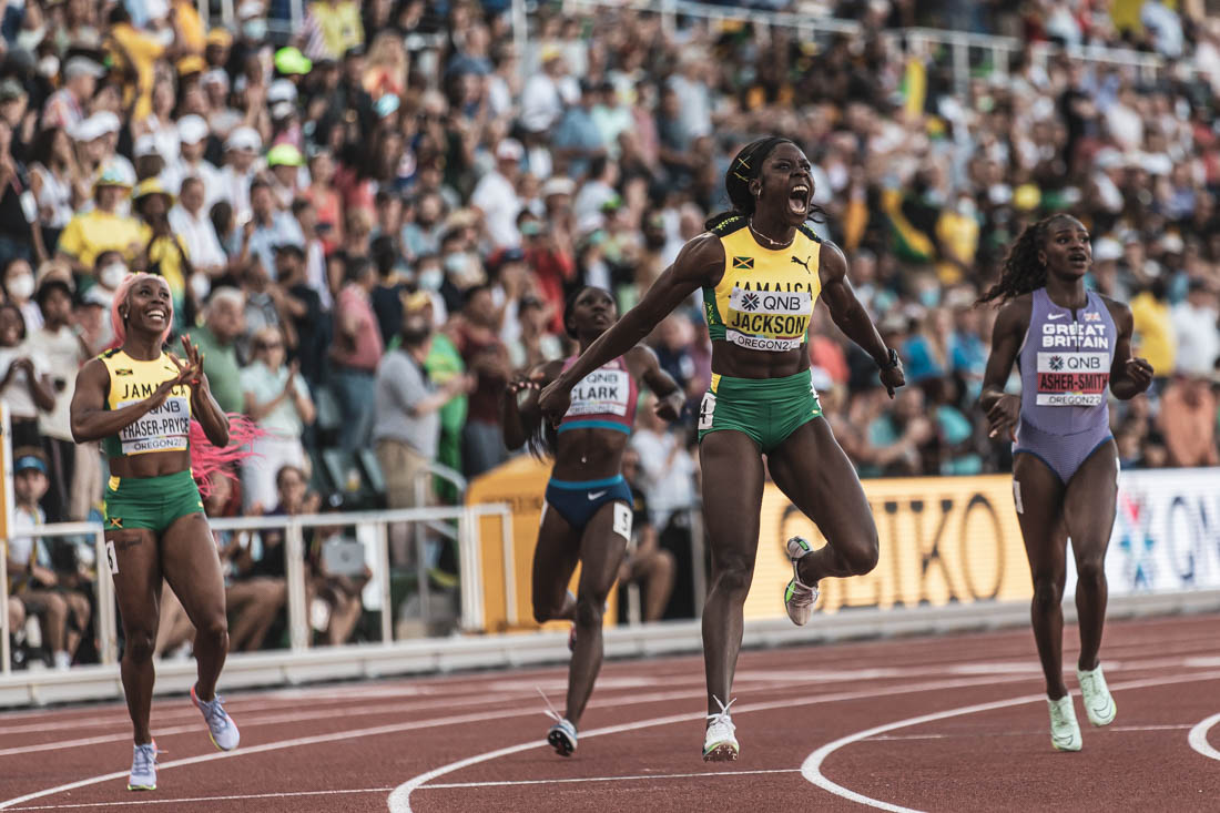 Shericka Jackson and Shelly-Ann Fraser-Pryce take home the gold and silver medal in the Womens 200m race for Jamaica. Day seven of the 2022 World Athletic Championships takes place at Hayward Field on July 22, 2022. (Maddie Stellingwerf/Emerald)