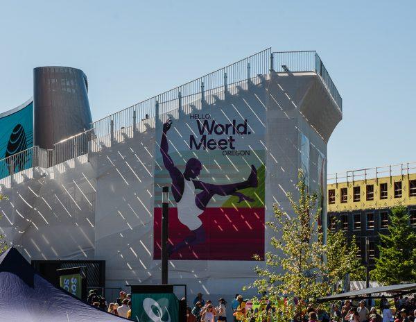 The city of Eugene is plastered in promotional posters celebrating the 2022 Track & Field World Championships. The 2022 Track & Field Championships kicked off July 15th, 2022, at Hayward Field in Eugene, Ore. (Ian Enger/Emerald)