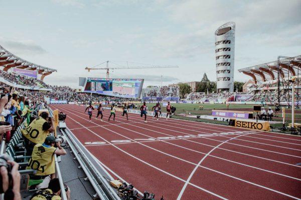 Runners compete in the Mens 100m final on Day 2 of the World Athletic Championships. An explosive first weekend of the World Athletic Championships comes to a close at Hayward field in Eugene, Ore., from July 15-17, 2022 (Maddie Stellingwerf/Emerald)