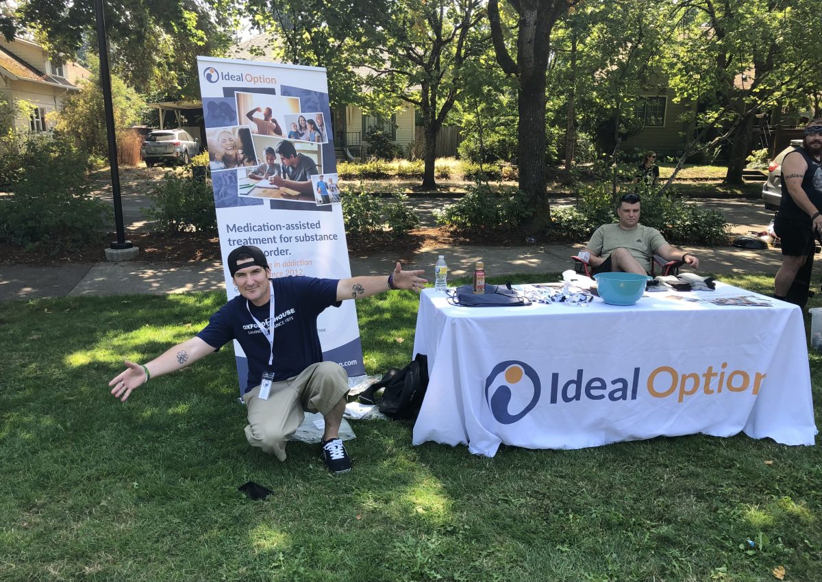 Staff from Ideal Option, an addiction treatment center in Eugene, gave out information from their table located at&#160;an International Overdose Awareness Day barbecue in Monroe Park.