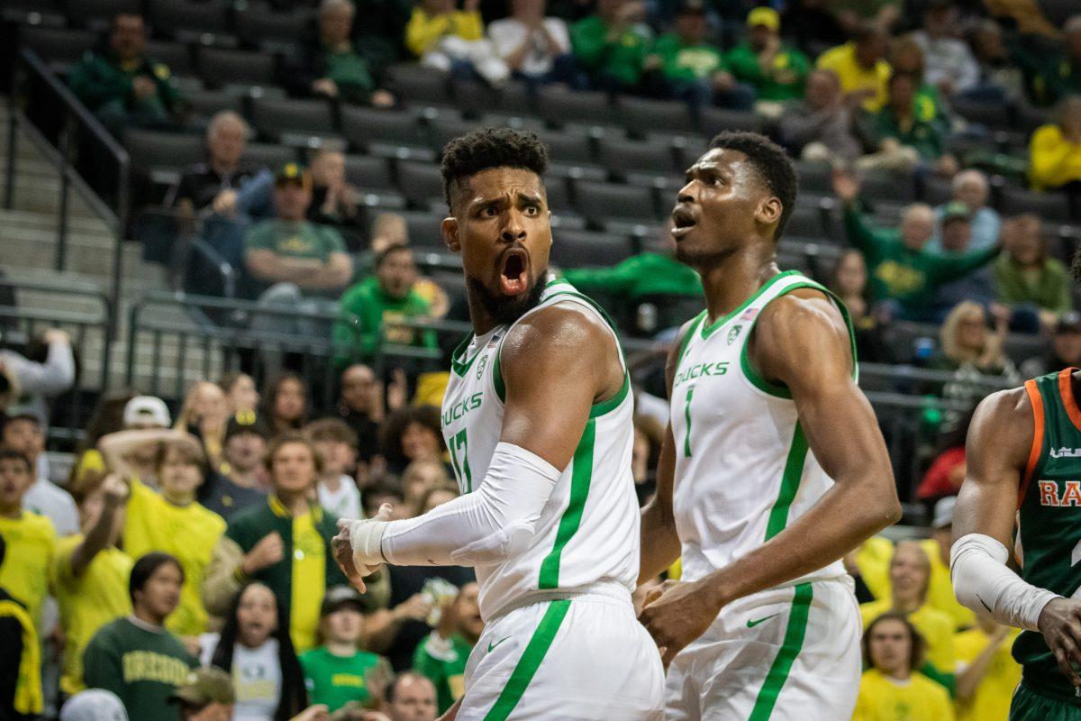 Quincy Guerrier (13) seems to not agree with the referee's call as he is given a charging foul.&#160;The Oregon Ducks face the Florida A&amp;M Rattlers on November 7th, 2022, at Matthew Knight Arena. (Jonathan Suni, Emerald)