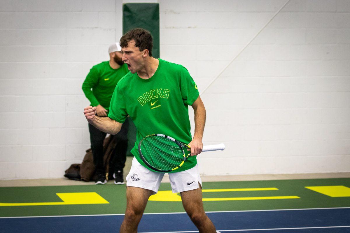 Luke Vandecsteele passionately celebrates after earning a point for the Ducks. The Oregon Ducks host a variety of different universities for The Duck Invitational at the Student Tennis Center in Eugene, Ore., on November 11th through November 13th. (Jonathan Suni, Emerald)