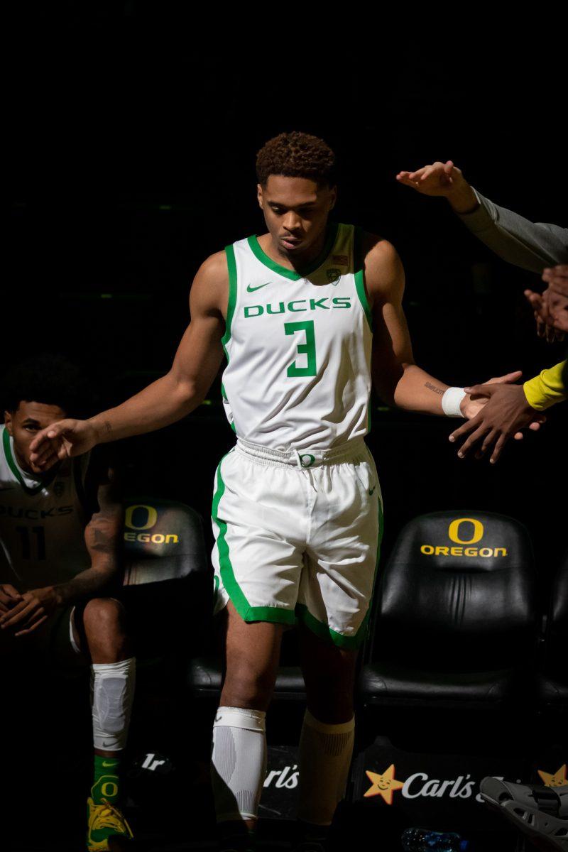 Keeshawn Barthelemy gets his first introduction as an Oregon Duck. The Oregon Ducks face the Florida A&amp;M Rattlers on November 7th, 2022, at Matthew Knight Arena. (Jonathan Suni, Emerald)