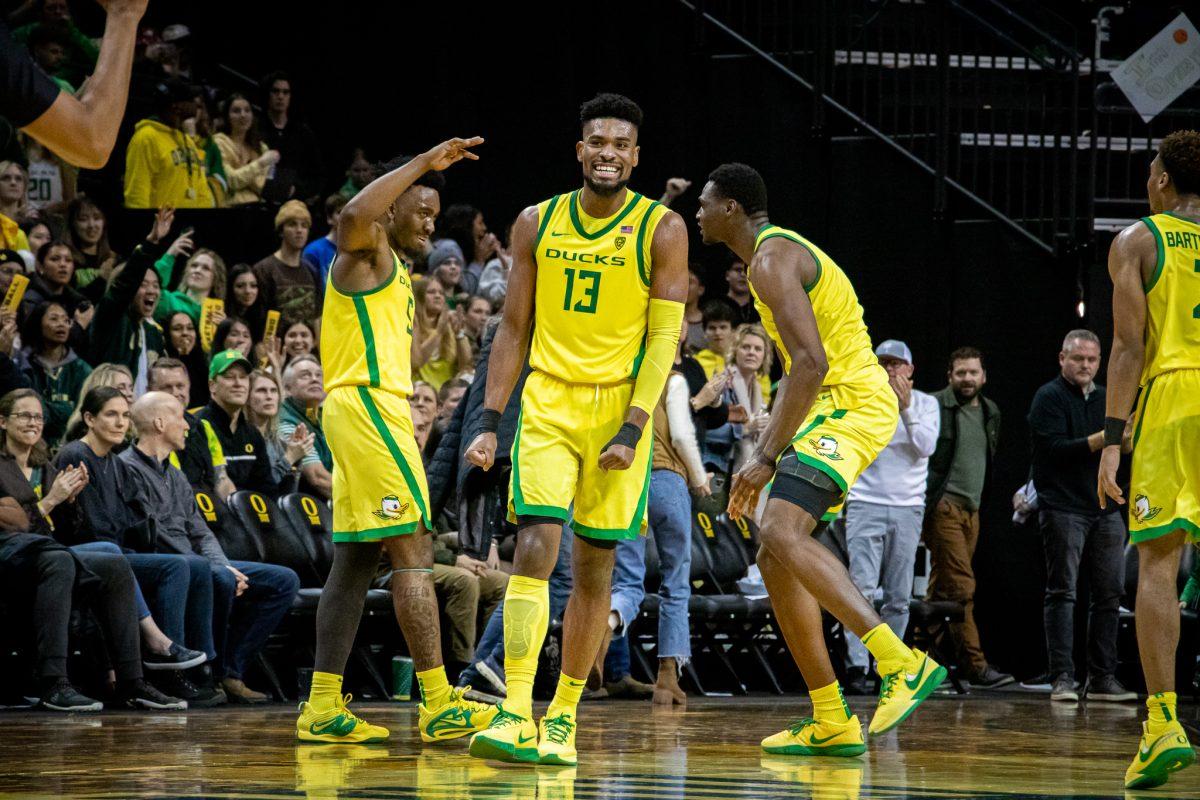 The team celebrates after successfully making an important defensive stand near the end of the game.&#160;The Oregon Ducks host the #6 ranked Arizona Wildcats&#160;at Matthew Knight Arena in Eugene, Ore., on Jan. 14, 2023. (Jonathan Suni, Emerald)