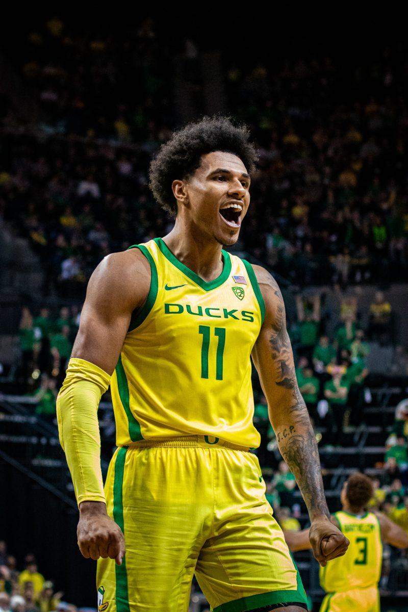 Rivaldo Soares yells after making an and-1 lay up.&#160;The Oregon Ducks host the #6 ranked Arizona Wildcats&#160;at Matthew Knight Arena in Eugene, Ore., on Jan. 14, 2023. (Jonathan Suni, Emerald)