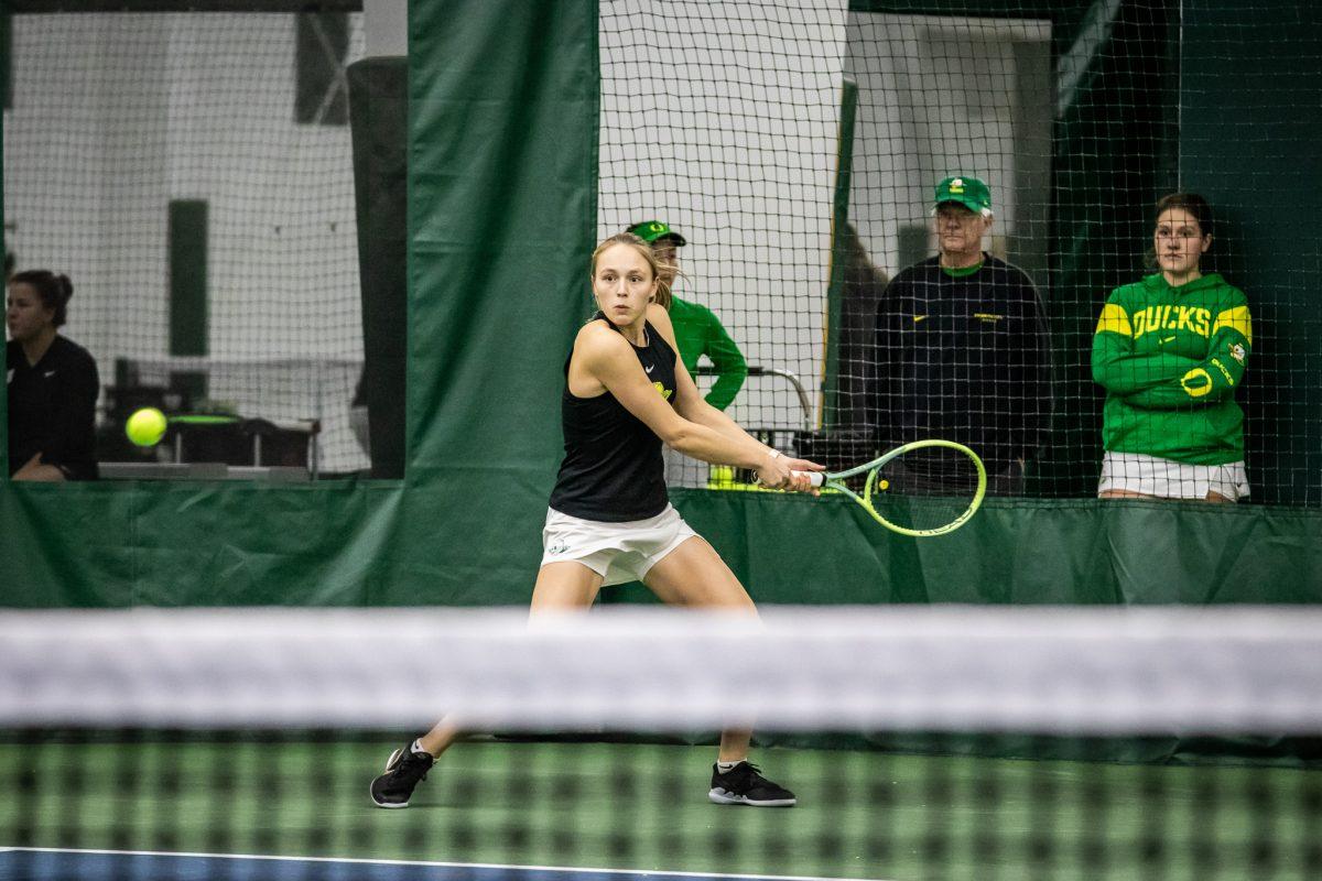 Sophie Lutscher tracks down the ball and prepares to hit it back to her opponent.&#160;The Oregon Women's Tennis team hosts Portland State at the Student Tennis Center in Eugene, Ore., on January 20th. (Jonathan Suni, Emerald)