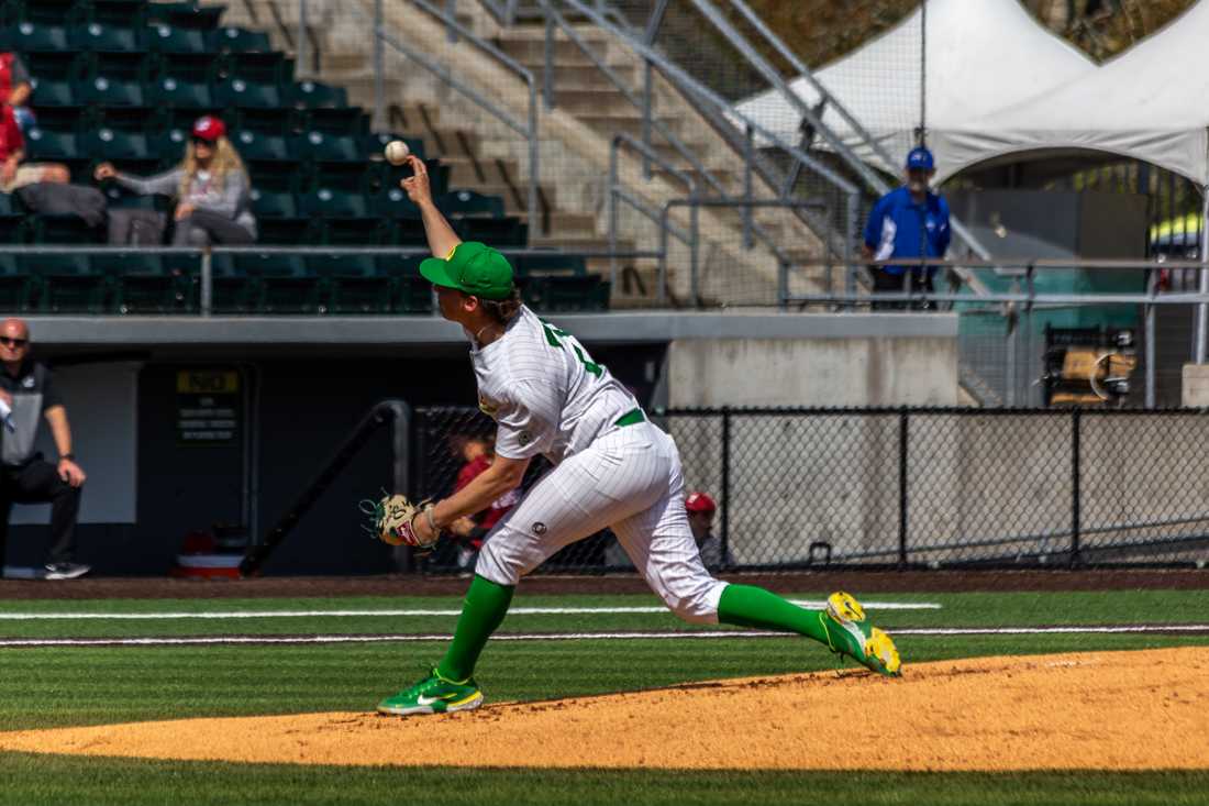 <p>Starting pitcher Jace Stoffal (21) releases a pitch. The Oregon Ducks Baseball team takes on Washington State on April 23th, 2022, at PK Park. (Molly McPherson/Emerald)</p>