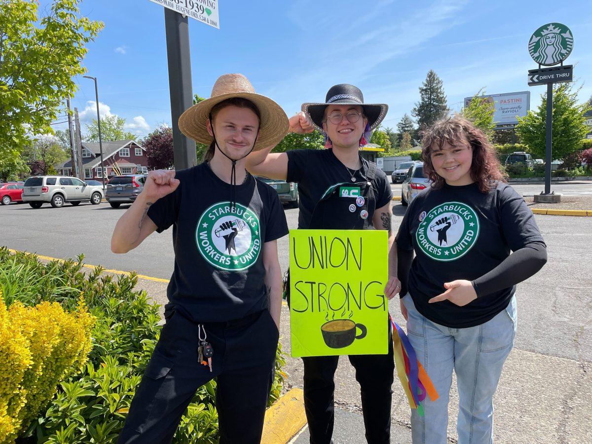 Eugene Starbucks employees strike outside of the Villard and Franklin store on May 17. Employees are advocating for better conditions and benefits at unionized Starbucks stores. (Gavin Gamez/Emerald)