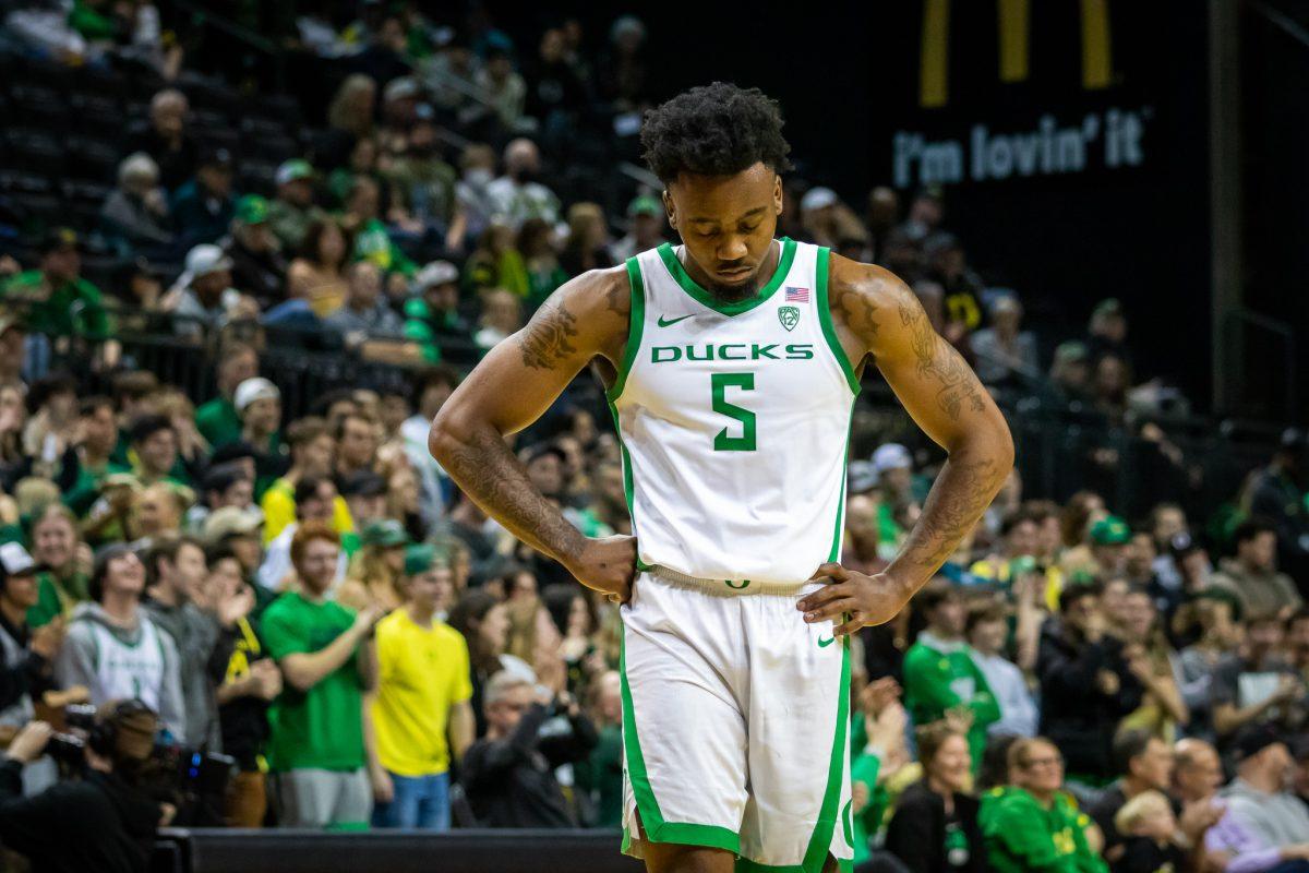 Jermaine Couisnard walks towards the bench with his head down and hands on his hips.&#160;The University of Oregon Ducks host the Arizona State Sun Devils at Matthew Knight Arena in Eugene, Ore., on Jan. 12, 2023. (Jonathan Suni, Emerald)