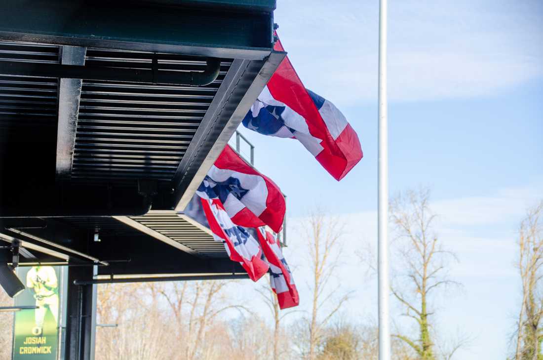 A sign of spring as the Opening Day Flags wave. The University of Oregon Ducks defeat Xavier University 3-2 at PK Park in Eugene, Ore., on February 17th, 2023.(Kai Kanzer/Emerald)