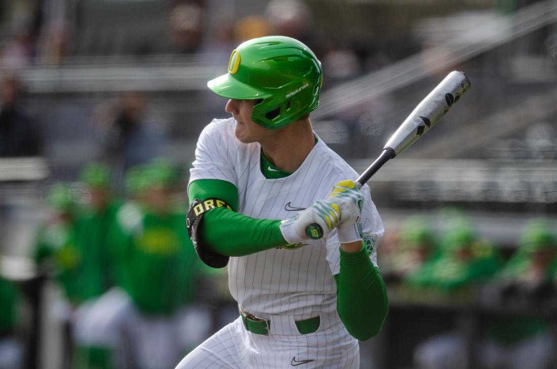 Oregon outfielder Owen Diodati (10) takes his first swing after hitting a walkoff sac-fly the night before. The University of Oregon Ducks defeat Xavier University 9-2 at PK Park in Eugene, Ore., on February 18th, 2023. (Kai Kanzer/Emerald)