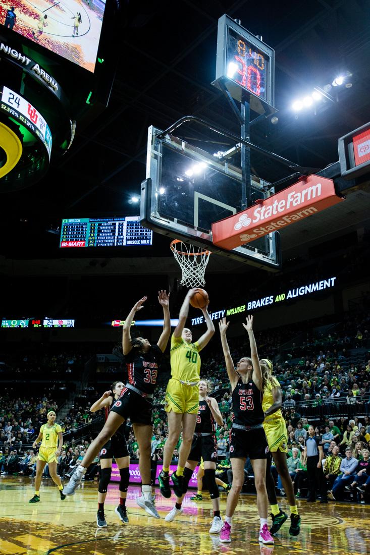 Ducks Grace VanSlooten (40) grabs a rebound. The Oregon Ducks take on the Utah Utes in Eugene, Ore., on Feb. 5, 2023. (Ali Watson/Emerald)