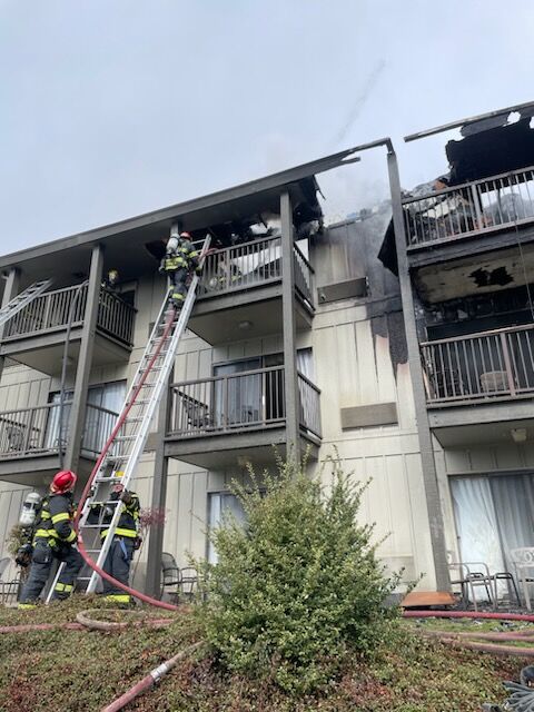 Eugene Springfield Fire responded to a three-alarm fire at the Valley River Inn Tuesday morning (image courtesy of Eugene Springfield Fire).