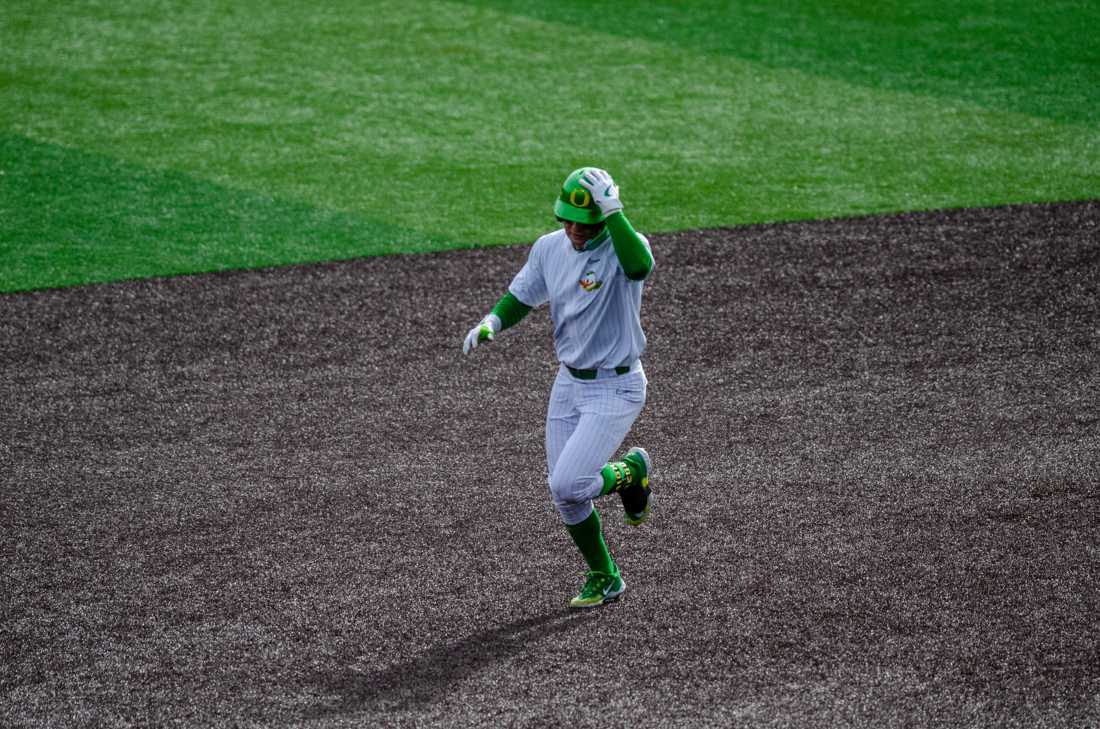 Oregon catcher Josiah Cromwick rounds the bases after his first home run of the year. The University of Oregon Ducks defeat Xavier University 9-2 at PK Park in Eugene, Ore., on February 18th, 2023. (Kai Kanzer/Emerald)