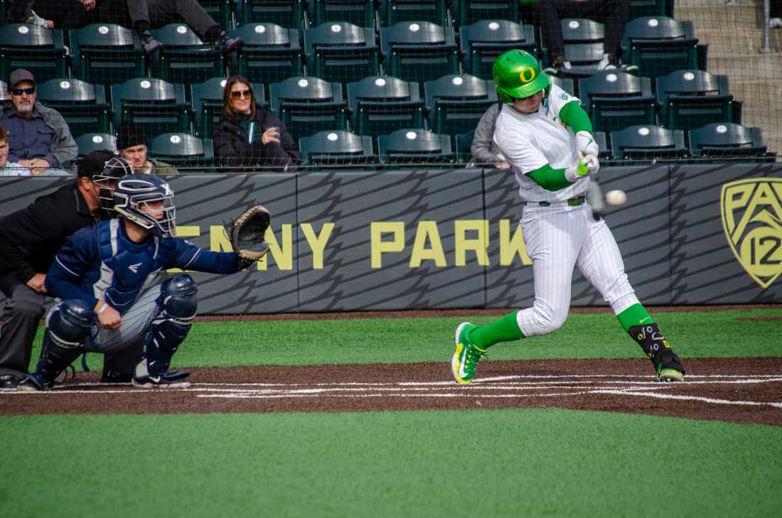 Oregon catcher Josiah Cromwick (27) had 2 homeruns to go along with 5 RBIs to power the Ducks to their second win of the season. The University of Oregon Ducks defeat Xavier University 9-2 at PK Park in Eugene, Ore., on February 18th, 2023. (Kai Kanzer/Emerald)