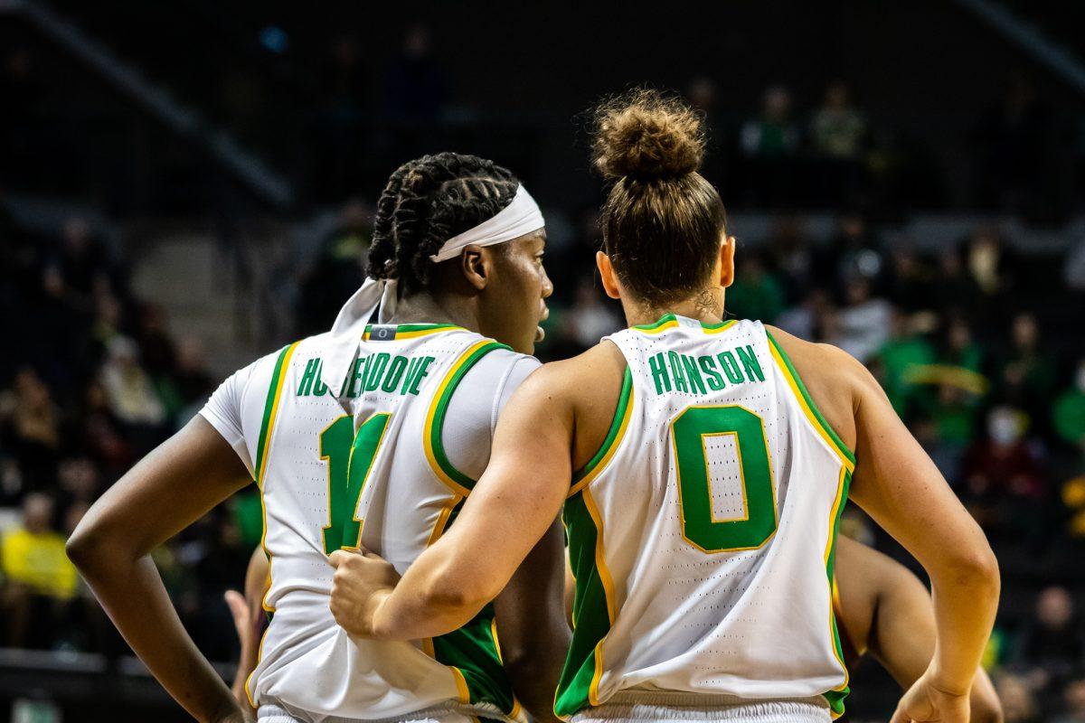 Seniors, Taya Hanson (0) and Taylor Hosendove (11), prepare for their final game in Matthew Knight Arena.&#160;The University of Oregon Ducks host the Arizona State Sun Devils at Matthew Knight Arena in Eugene, Ore., on Feb. 25th, 2023 for their final game of the season. (Jonathan Suni, Emerald)