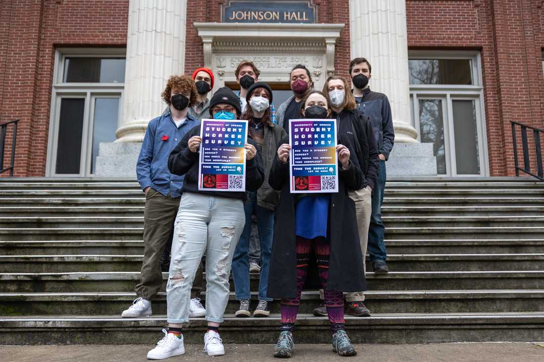 Members of UO Student Workers gather on the steps of Johnson Hall. UO Student Workers is a student organization &#8220;interested in advocating for the interest of student workers,&#8221; says David Purucker, an organizer of the group. (Molly McPherson/Emerald)