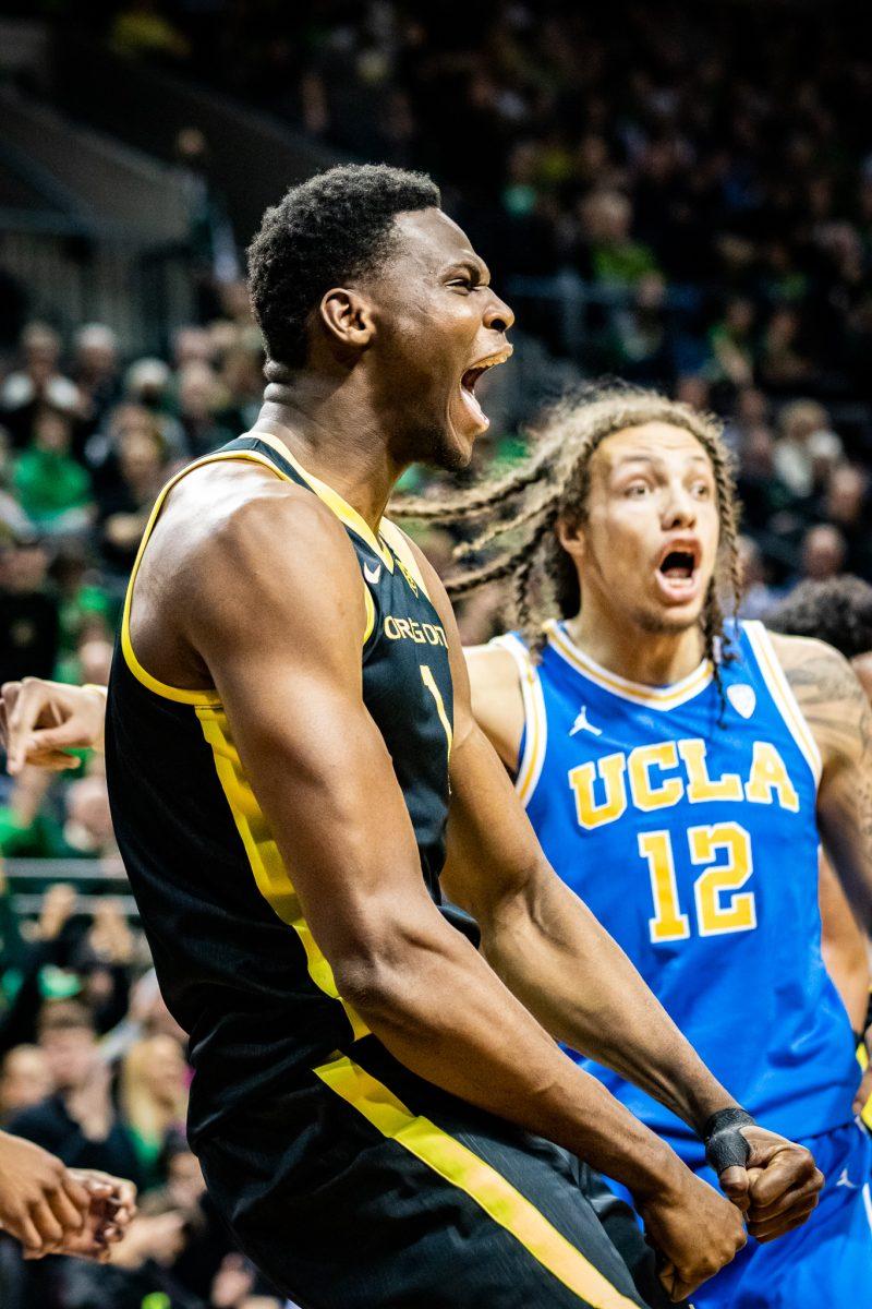 N'Faly Dante yells after a big defensive stop and UCLA turnover.&#160;The Oregon Ducks host the #7 ranked UCLA Bruins at Matthew Knight Arena in Eugene, Ore., on Feb. 13th, 2023. (Jonathan Suni, Emerald)