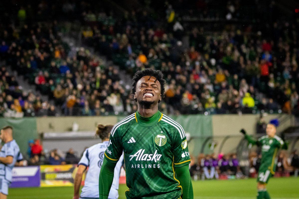 Santiago Moreno shows frustration after failing to complete a scoring chance. The Portland Timbers Football Club host Sporting Kansas City at Providence Park in Portland, Ore., on Feb. 27th, 2023 for their home opener.