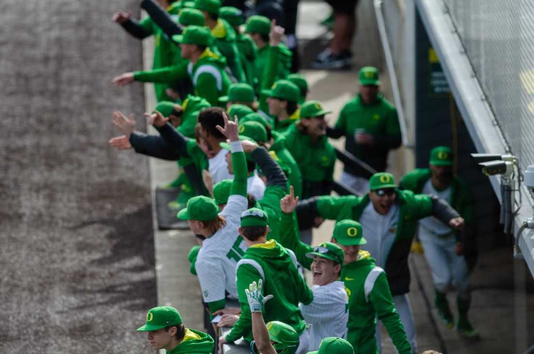 <p>The Oregon dugout celebrates after a home run by infielder Sabin Ceballos (21). The University of Oregon Ducks defeat Xavier University 9-2 at PK Park in Eugene, Ore., on February 18th, 2023. (Kai Kanzer/Emerald)</p>