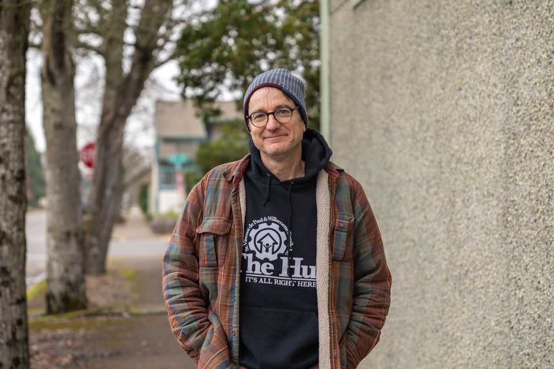 Tim Black, the Winter Strategies Coordinator at St. Vincent de Paul Society of Lane County, stands outside First United Methodist, Egan Youth Site. The site pictured is located on A St. in Springfield Ore. Egan Warming Centers serve as night shelters for houseless individuals; the centers are only open on nights projected to be below 30 F. (Molly McPherson/Emerald)