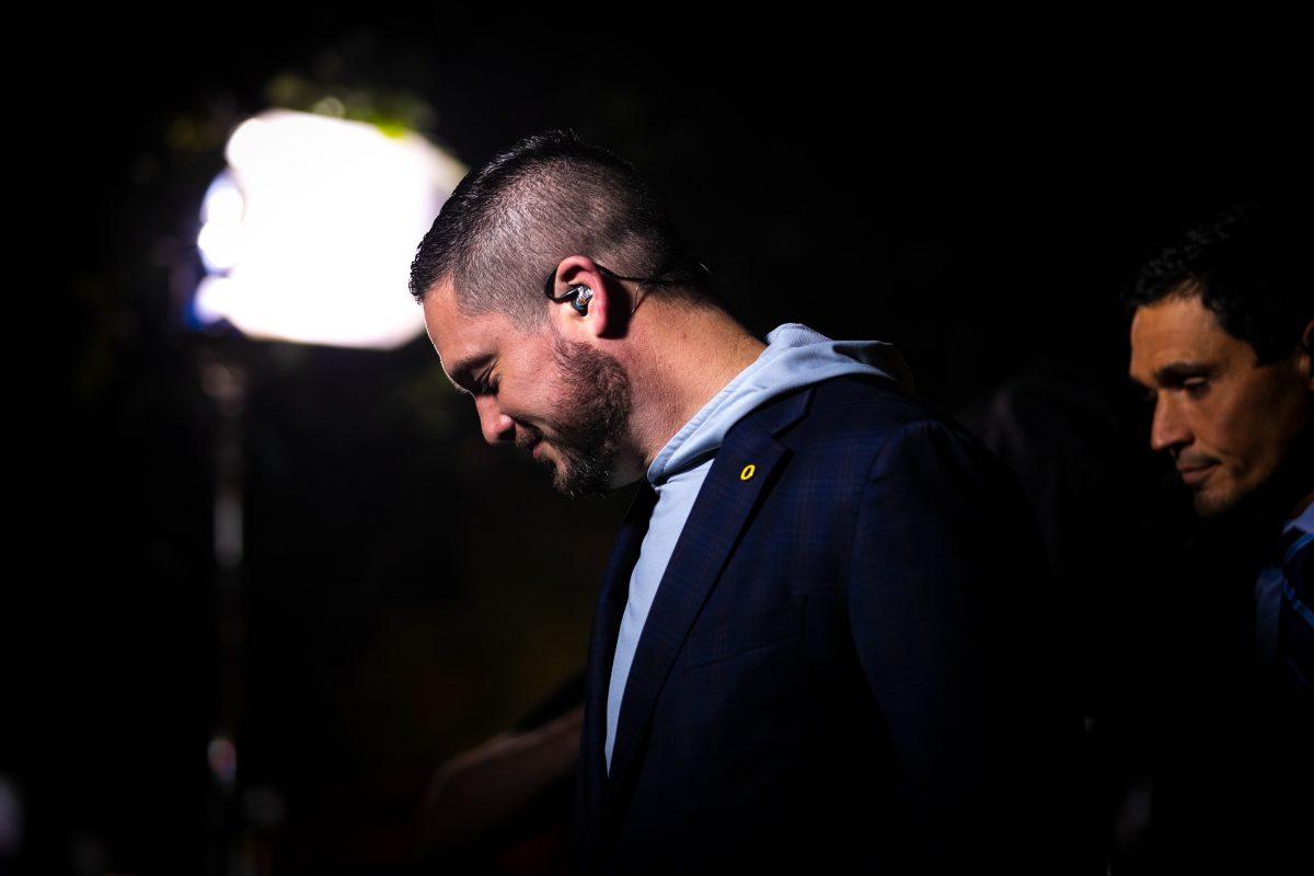 Coach Dan Lanning leaving the crowd after his interview as part of College Gameday.&#160;Oregon hosts College Gameday bright and early on the Lillis lawn October 22, 2022 before their game against no.9 UCLA.&#160;(Liam Sherry/Daily Emerald)