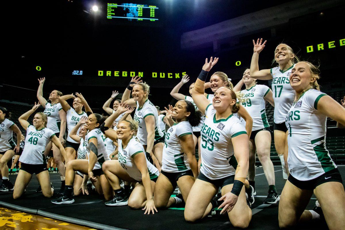 The Baylor team yells "Sic 'em Bears" to the judges to cap off their team performance. &#160;The Oregon Acrobatics and Tumbling team takes on Baylor on March 8th, 2023, at Matthew Knight Arena. (Jonathan Suni, Emerald)