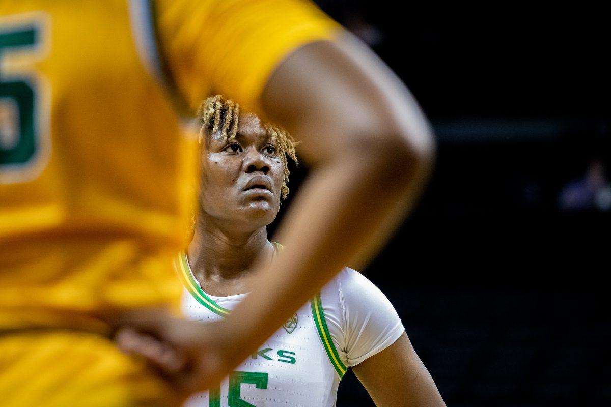 Phillipina Kyei prepares to take a free throw.&#160;The Oregon Womens Basketball team host North&#160;Dakota State at Matthew Knight Arena for the first round of the NIT in Eugene, Ore., on March 17th, 2023. (Jonathan Suni, Emerald)