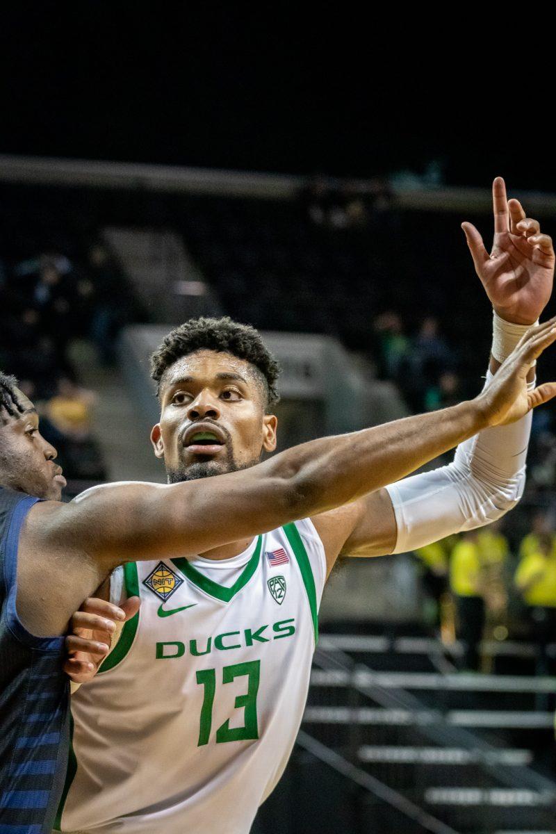 Quincy Guerrier (13) calls for the ball.&#160;The Oregon Mens Basketball team host UC Irvine at Matthew Knight Arena for the first round of the NIT in Eugene, Ore., on Feb. 13th, 2023. (Jonathan Suni, Emerald)