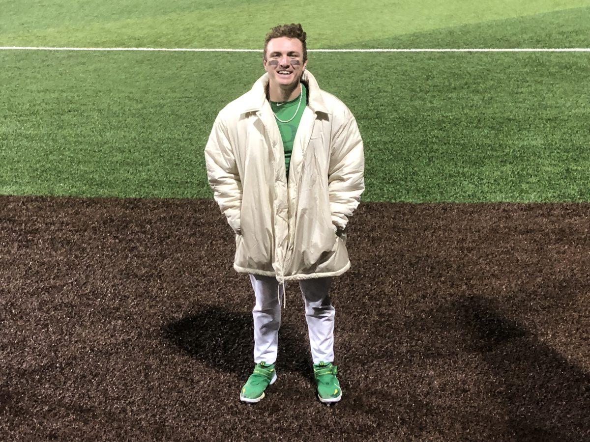 Tanner Smith sports Oregon's "walk-off jacket" after his walk-off double over San Diego on March 3, 2023. (Mojo Hill, Daily Emerald)