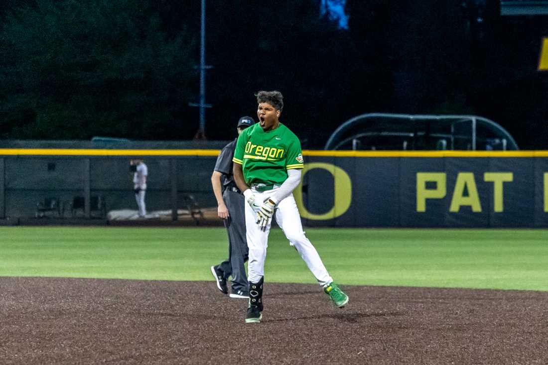 Designated hitter Jacob Walsh (25) celebrates after hitting a walk-off double. The Oregon Baseball team takes on Gonzaga on May 17th, 2022, at PK Park. (Molly McPherson/Emerald)