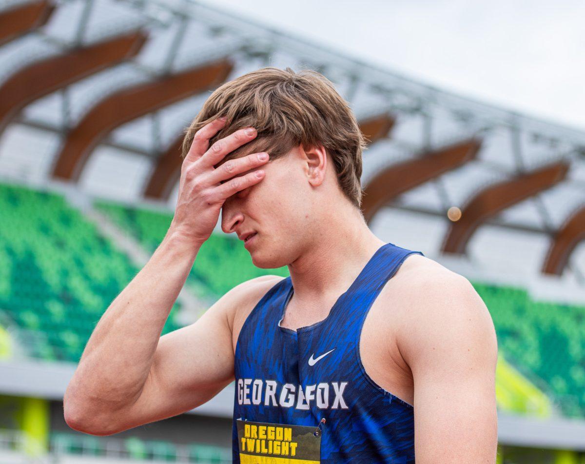 Gabe Johnson shows frustration after finishing in 9th place in the javelin throw.&#160;Athletes representing a variety of universities compete in the annual Oregon Twilight meet at Hayward Stadium in Eugene, Ore., on May 5, 2023. (Jonathan Suni, Emerald)