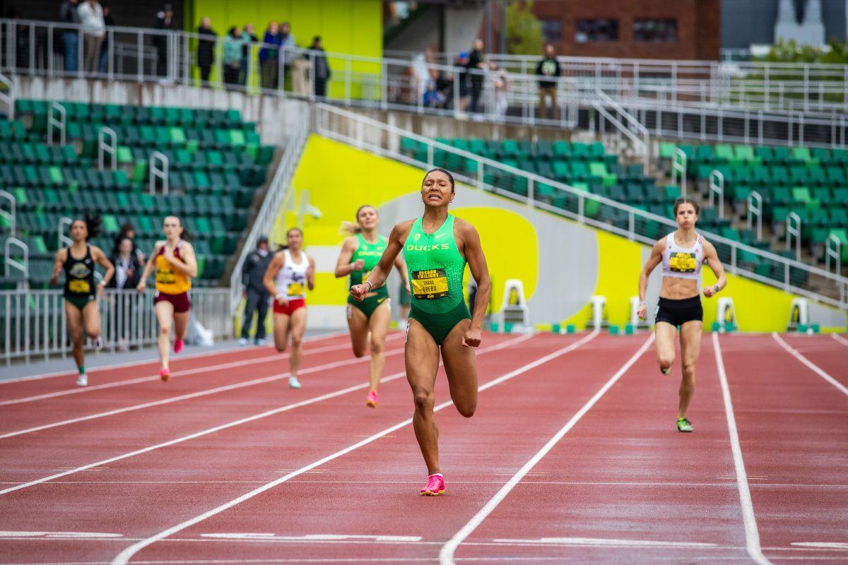 With a commanding lead, Shana Grebo puts all that she has left in her tank to cross the finish line in first place.&#160;Athletes representing a variety of universities compete in the annual Oregon Twilight meet at Hayward Stadium in Eugene, Ore., on May 5, 2023. (Jonathan Suni, Emerald)