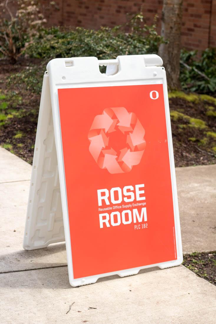 The welcome sign to the ROSE room which is open every Thursday from 1:30p.m.-3:30p.m. ROSE (Reusable Office Supply Exchange) is a group involved with University of Oregon's Student Sustainability Center.(Kemper Flood/Emerald).