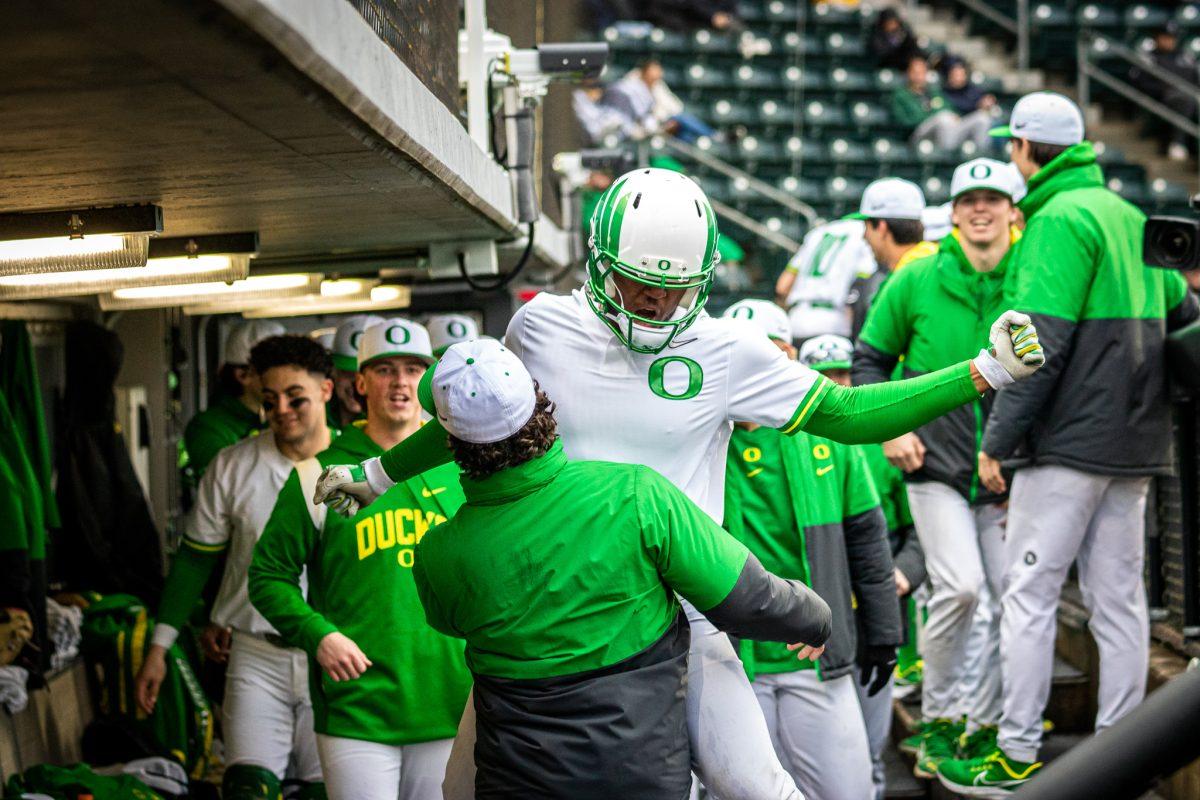 <p>Jacob Walsh (25) celebrates a home run. <span>The Oregon Baseball team takes on Xavier for their season opening series on March 10th, 2023, at PK Park. (Jonathan Suni, Emerald)</span></p>