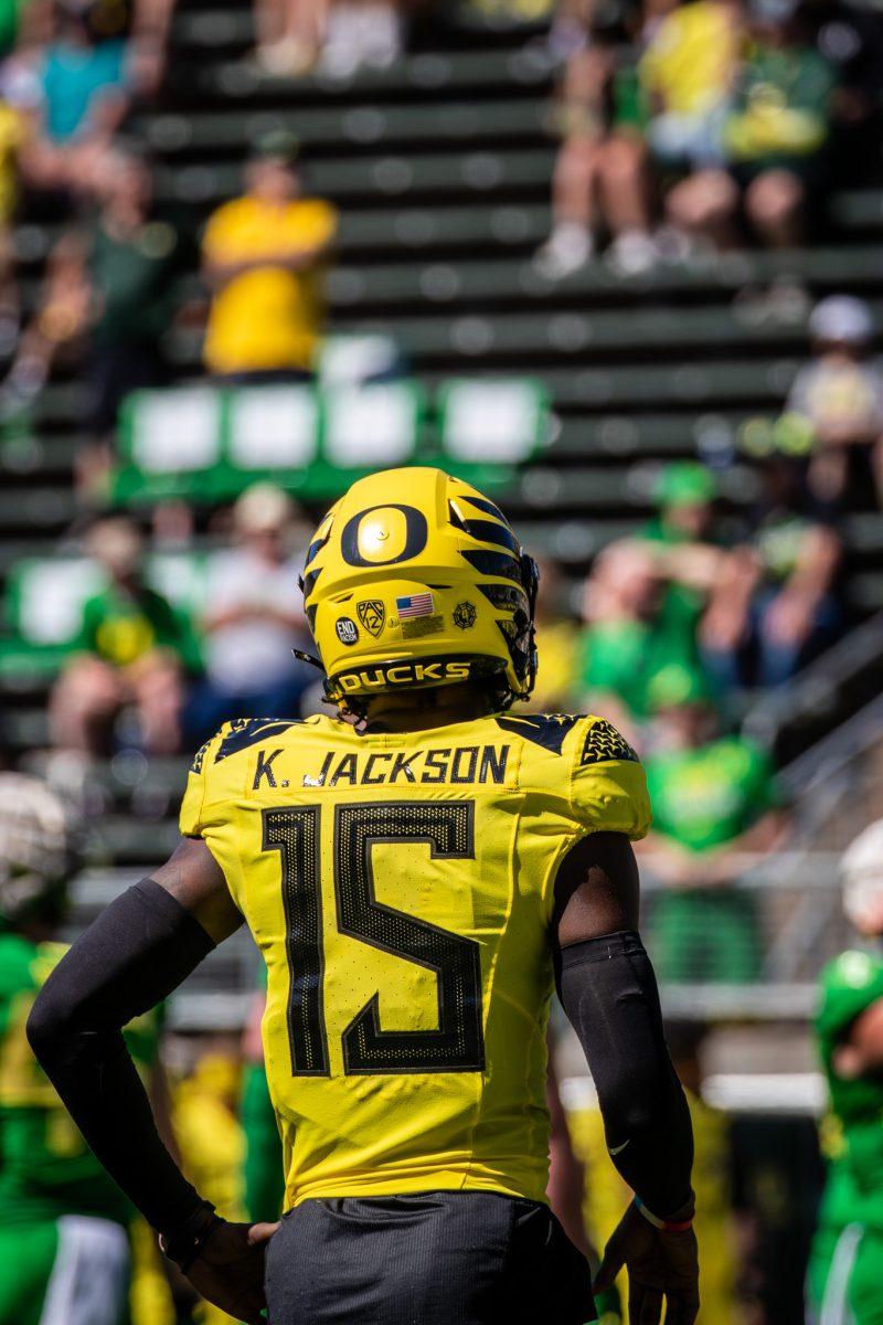 Recent transfer from Alabama, Khyree Jackson, steps onto the field for the first time in front of Oregon fans. (Jonathan Suni, Emerald)