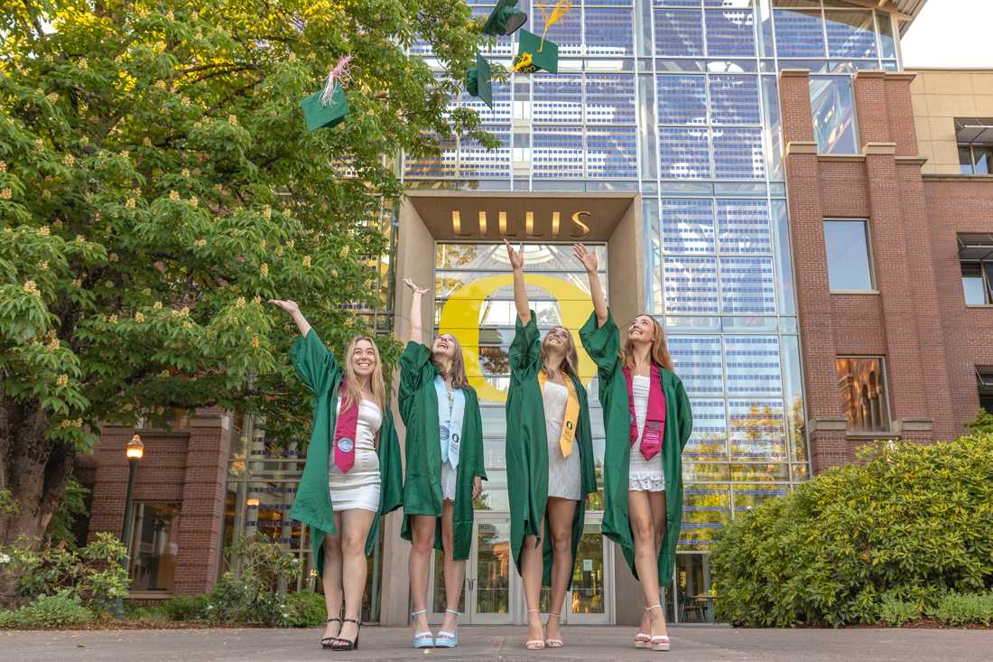 Bryn OBrien, Emma Muhlheim, Madison Ridolf, and Cale Crueger are all graduating seniors from various schools around campus. (Molly McPherson/Emerald)