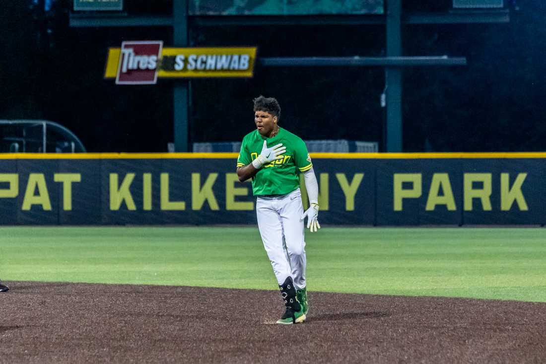 <p>Designated hitter Jacob Walsh (25) celebrates after hitting a walk-off double. The Oregon Baseball team takes on Gonzaga on May 17th, 2022, at PK Park. (Molly McPherson/Emerald)</p>