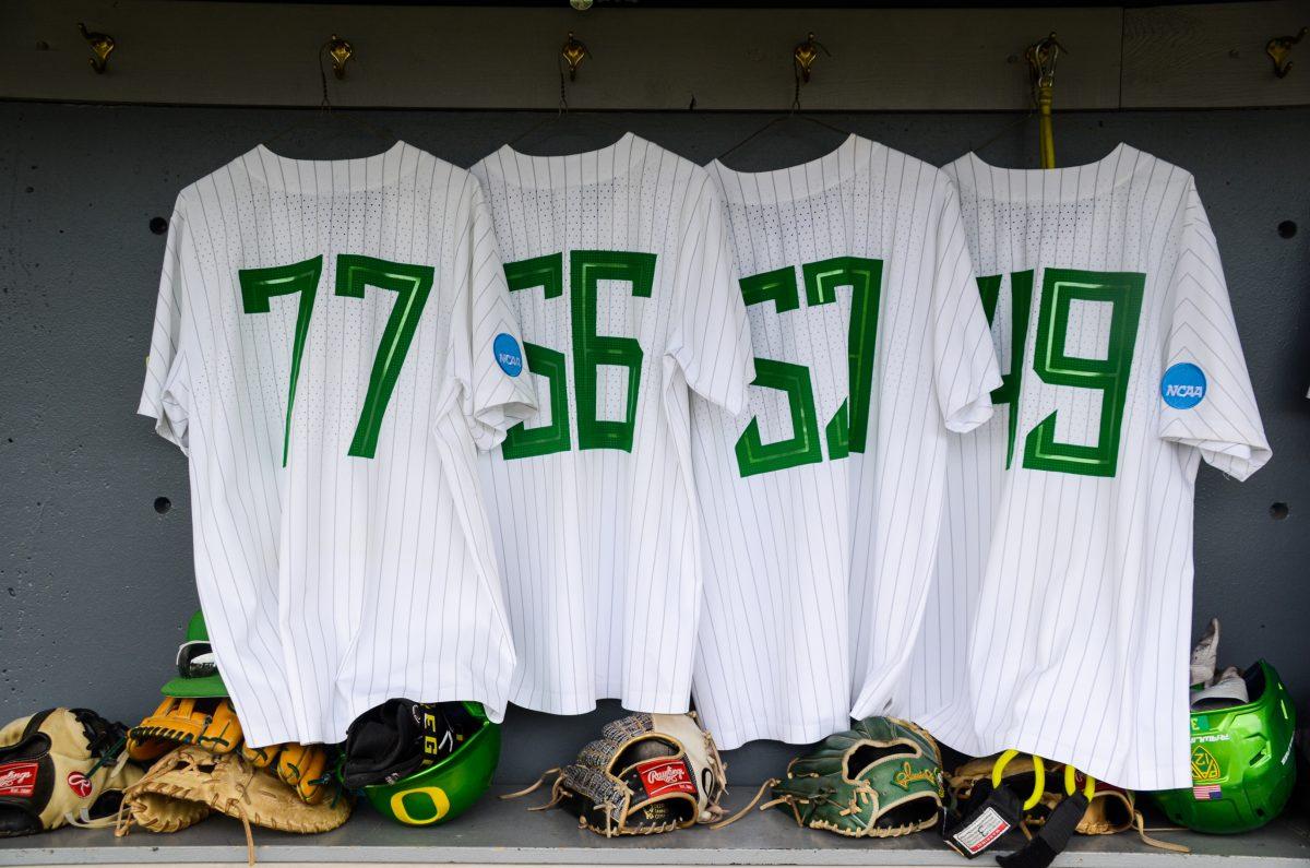 <p>The Ducks play with the chance to go to the College World Series for the first time since 1954. The Oregon Baseball team defeats Oral Roberts in game 1 of Super Regionals on June 9th at PK Park. (Kai Kanzer/Emerald)</p>