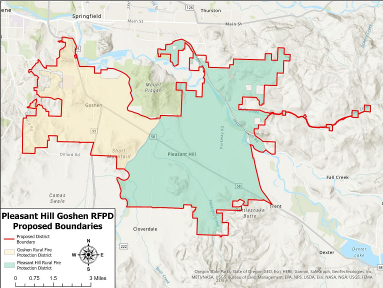 A map of the proposed combined Pleasant Hill Goshen fire district. The land within the outline but not shaded shows properties that would be annexed by the district (Courtesy of Pleasant Hill Goshen Fire &amp; Rescue).