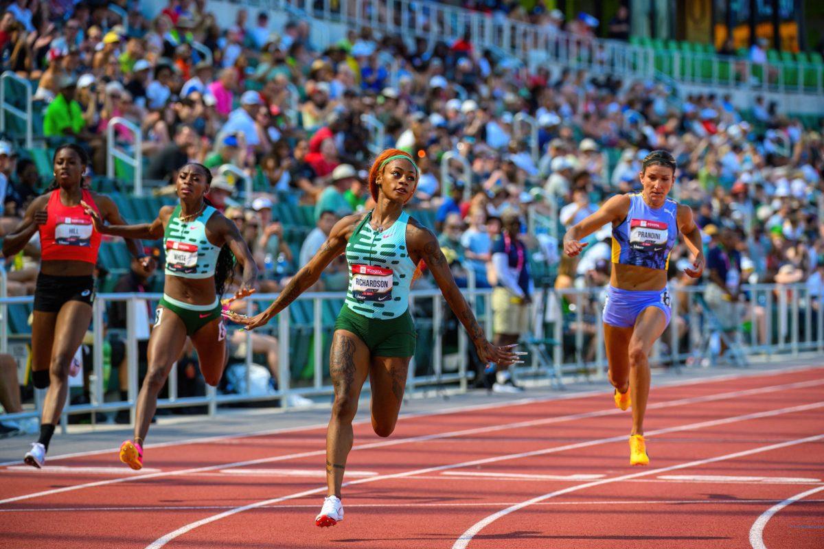 U.S. Olympian Sha'Carri Richardson celebrates after setting a world-leading time in the women's 100m. The USA Track &amp; Field Outdoor Championships began on July 6, 2023 at Hayward Field, in Eugene, Oregon. (Eric Becker/Emerald)