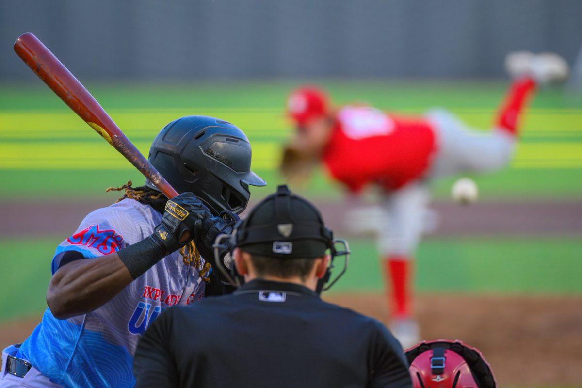 Ghordy Santos gets ready to hit a ball. The Eugene Emeralds lost to the Vancouver Canadians by a final score of 13-2 at P.K. Park in Eugene, Oregon, on June 22, 2023. (Eric Becker/Emerald)