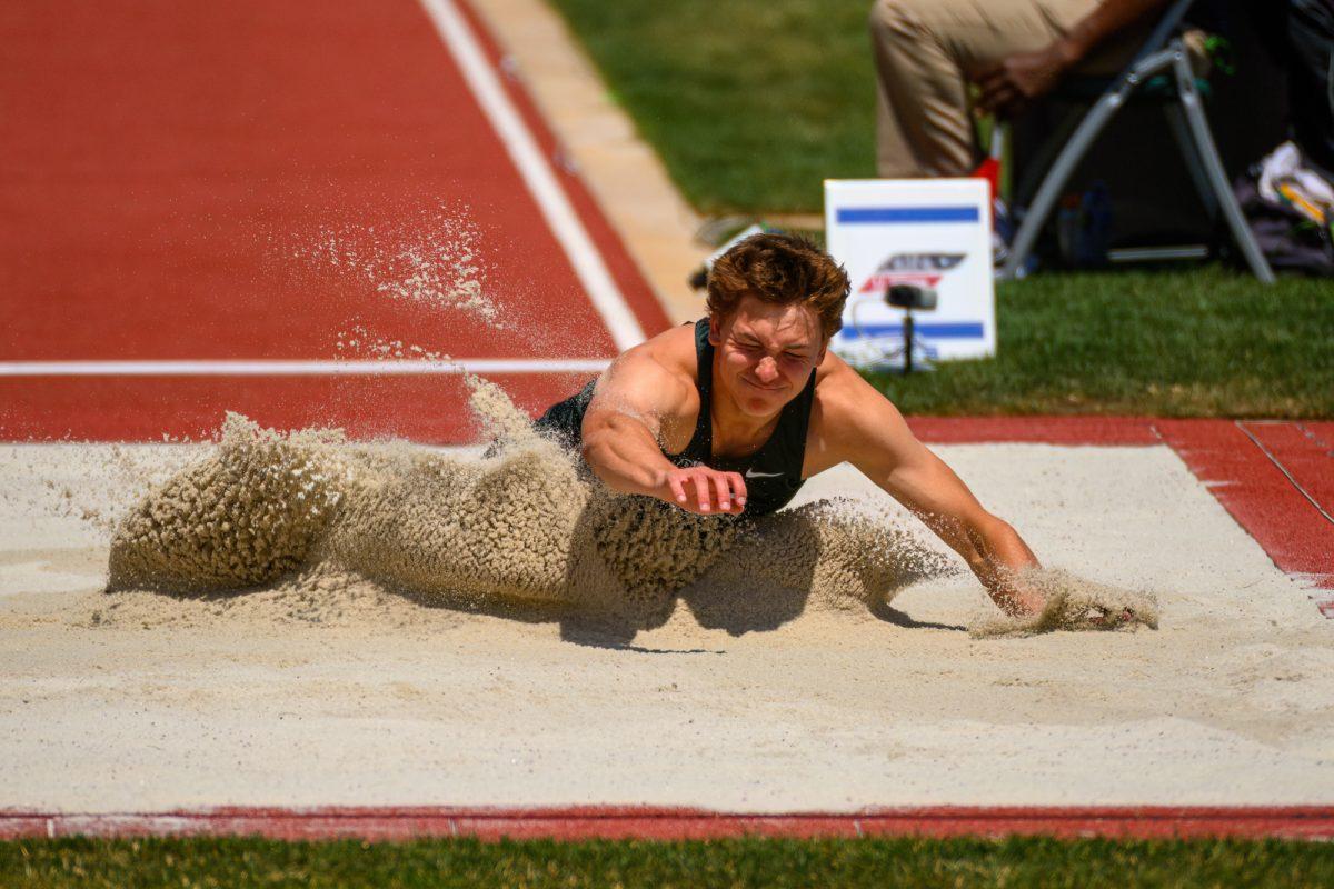 Heath Baldwin lands after his decathlon long jump attempt. The USA Track &amp; Field Outdoor Championships began on July 6, 2023, at Hayward Field, in Eugene, Oregon.&#160; (Eric Becker/Emerald)