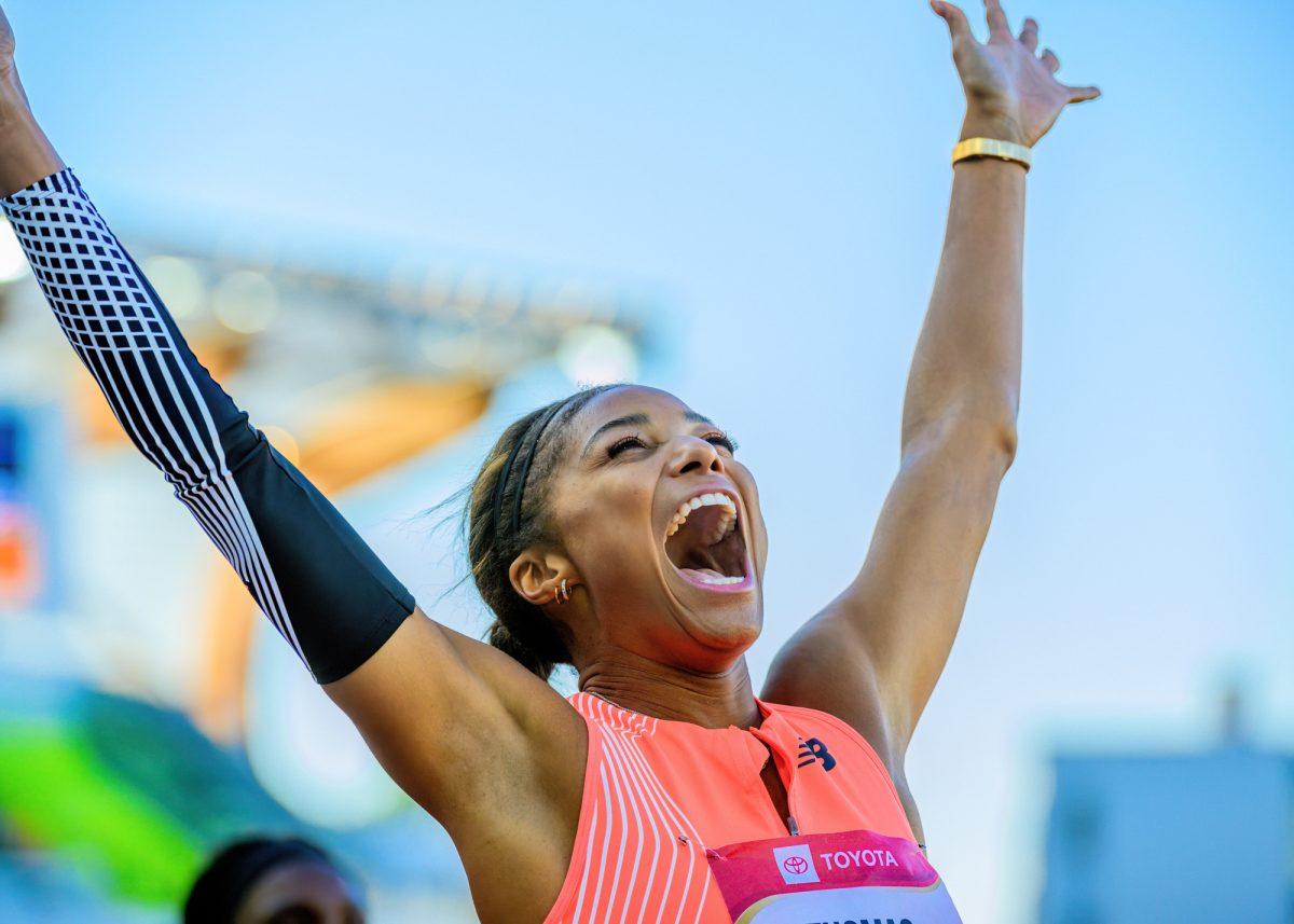 <p>U.S. Olympian Gabby Thomas celebrates after setting a world leading time in the 200m. The USA Track & Field Outdoor Championships continued for the fourth and final day on July 9, 2023, at Hayward Field, in Eugene, Oregon. (Eric Becker/Emerald)</p>